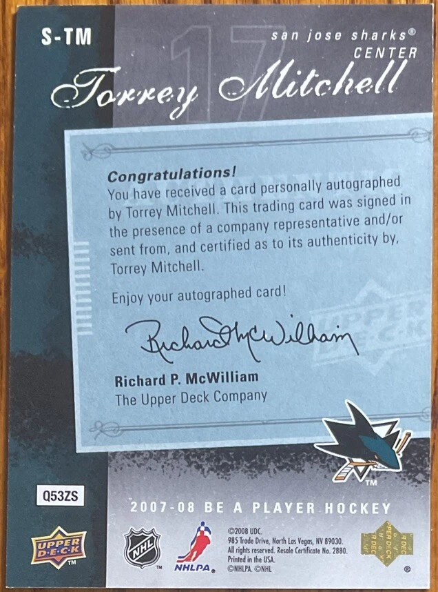 2007-08 Be A Player Signatures Torrey Mitchell #S-TM San Jose Sharks - Image 2 of 2