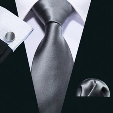 Solid Silver-Gray Necktie Set (with Handkerchief and Cufflinks)