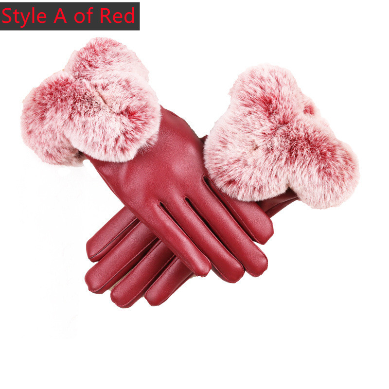 Womens Leather Winter Gloves With Rabbit Fur Trim Lined Warm Ladies