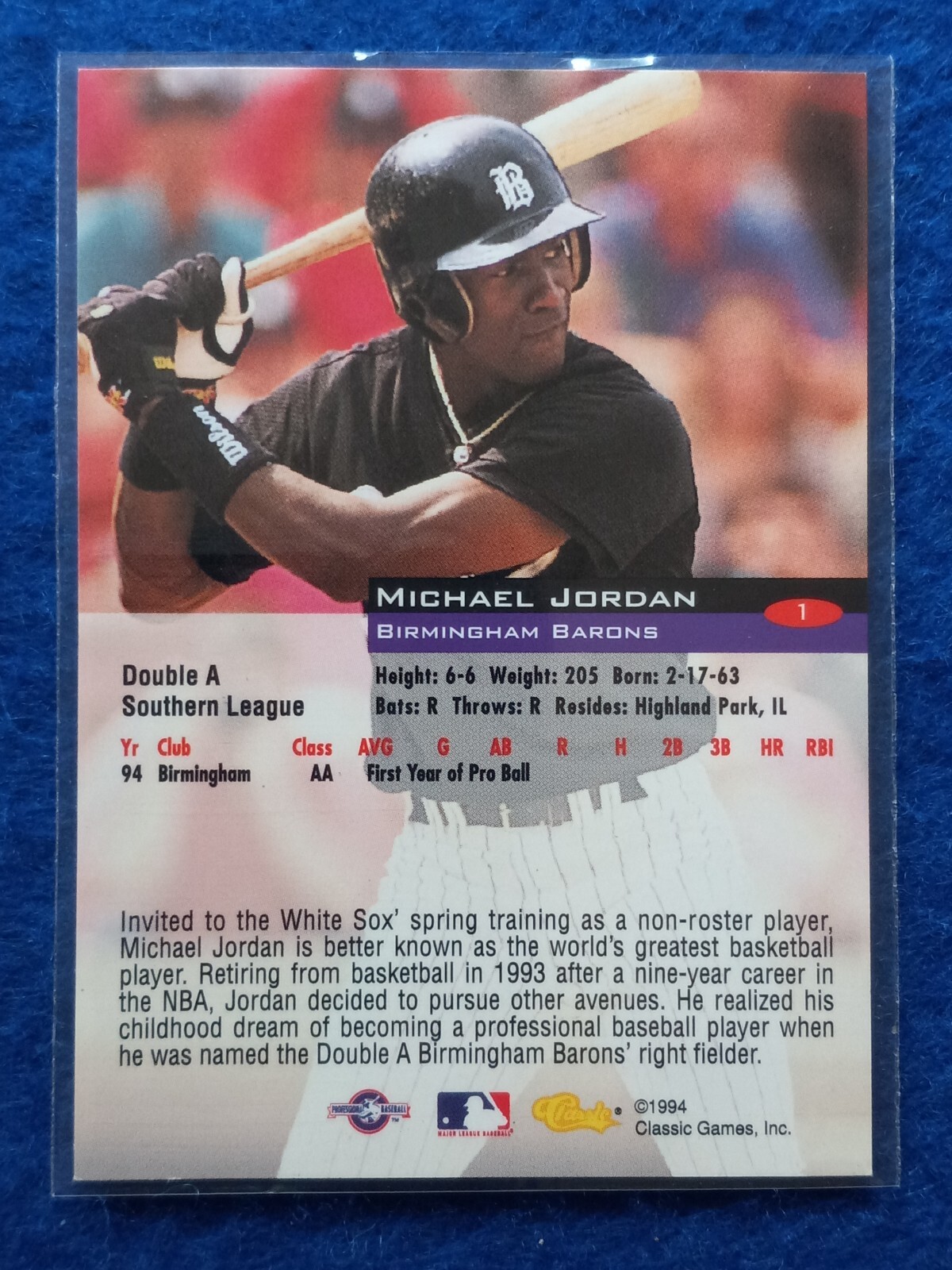 MICHAEL JORDAN 1994 CLASSIC RC ROOKIE BASEBALL CARD 1 BIRMINGHAM