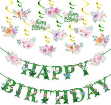 Spring Happy Birthday Banner Flower Hanging Swirls Butterfly Flowers Green Summe
