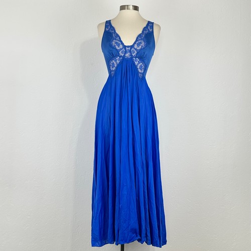Vintage Olga 9297 Bodysilk Full Sweep Maxi Nightgown Sz Medium Blue Lace V Neck