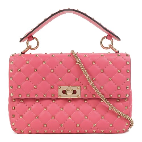 Valentino GHW Rockstud Spike 2 Way Shoulder Bag Calfskin Leather Pink