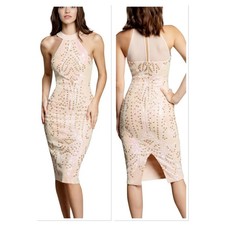 Dress the Population Kiana Sequin Sheath Midi Halter Dress Pearl Gold Formal S