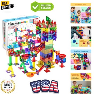 100pc Magnetic Marble Run Set with Racing Track Tiles Funnels Curved Slopes a...