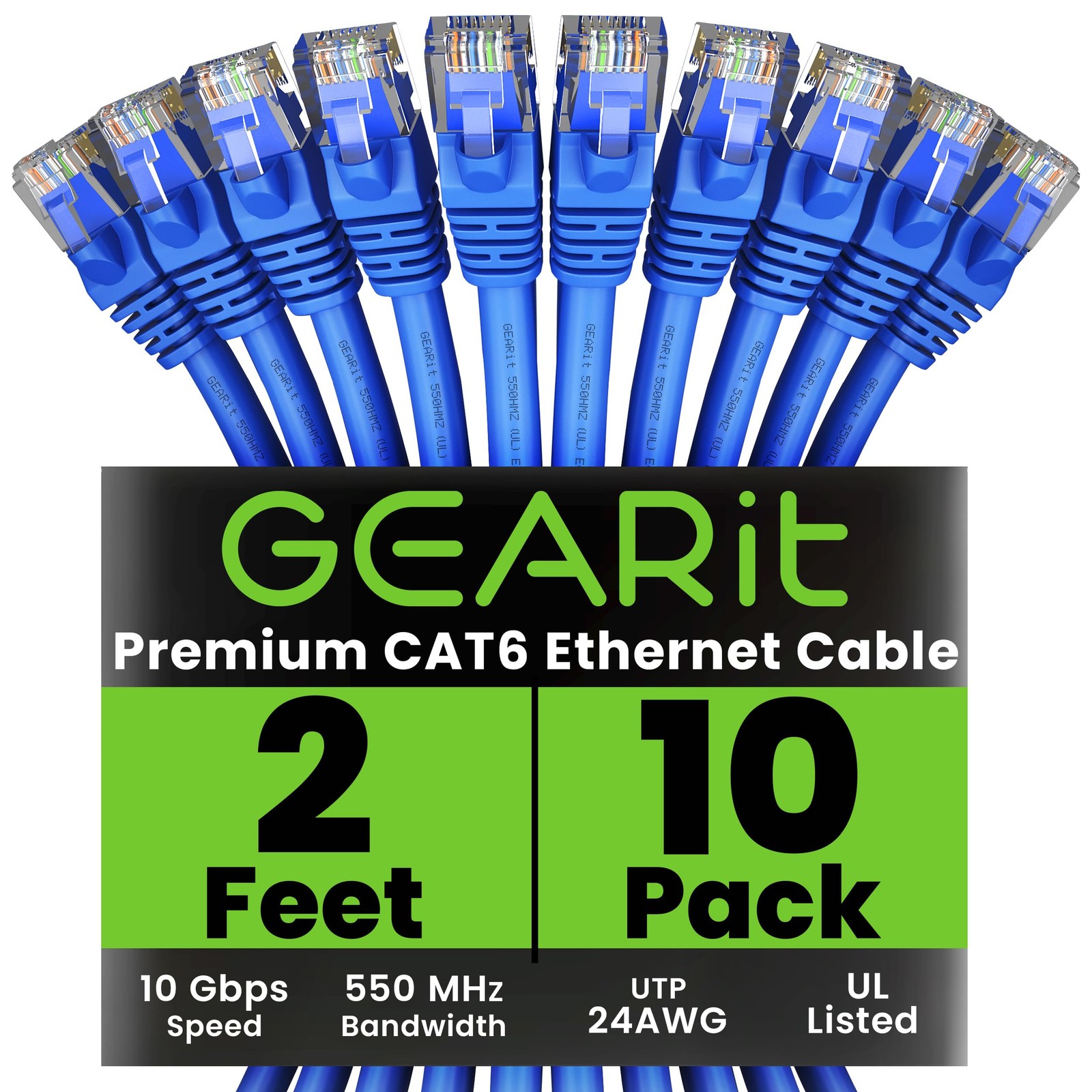 Cat 6 Ethernet Cable (10-Pack 2 Feet) Cat6 Network Patch, 10Gbps, RJ45, Snagl...