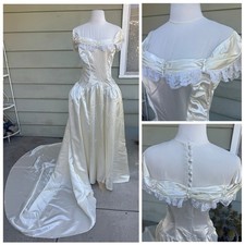 Vtg 80 s 40s Ivory Satin Wedding Gown Art Deco 26 Waist Glam Hollywood Panniers
