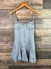 Free People Social Hour Mini Dress Size Small Light Blue Denim Strappy Skater