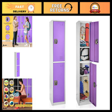 Large 2-Door School Locker with Hooks - Garage Office Storage - Purple