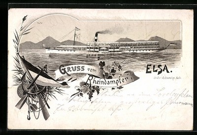 Lithographie Rheindampfer Elsa 