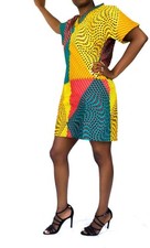 African Print Short Kimono Dress with V-Necked Collar and Pocket