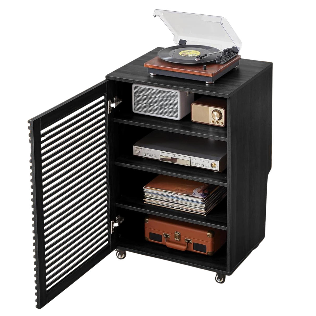 AVラック LEVNARY Black 5-Tier Media Cabinet w/ Grille Door Wheels Open Box