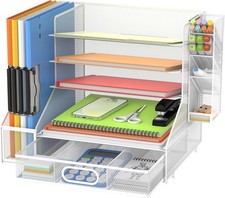 SUPEASY Mesh Desk Organiser, 5-Tier Paper Letter Tray with File Holder & Pen Ho