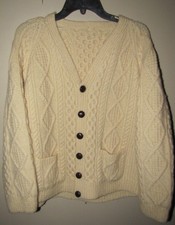 Vintage Heavy Handknit Wool Chunky Knit Fisherman Cardigan Sweater Medium