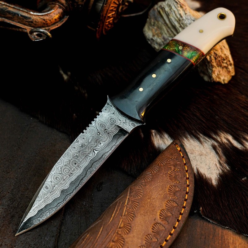 8.8" EDC Hunting Damascus Knife Handmade Full Tang Resin Handle Leather Sheath