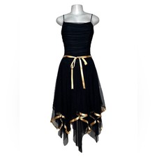 VTG Y2K Ynes Black & Gold Handkerchief Hem Dress Made in USA Ruched Bodice Midi