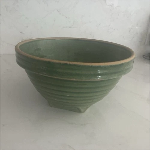 Vintage Green Art Pottery Bowl Planter Ribbed Mid Century McCoy Style 8.5