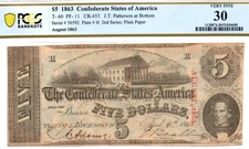 1863 $5 Confederate States of America T-60 PF-11 Note - PCGS VF30! Better Type!