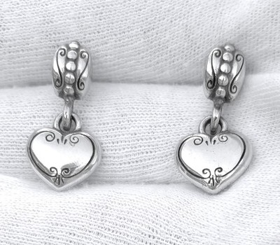 Brighton Silver Tone Dangle Puffy Heart w/Swirl Designs Post Pierced Earrings
