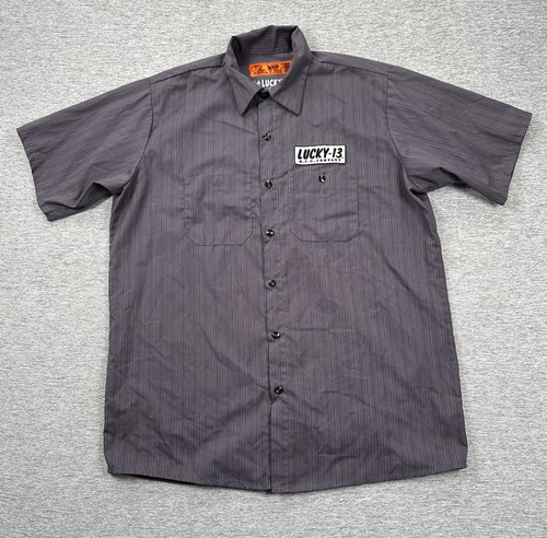 Lucky 13 Shirt Mens Large Gray Offerings God of Speed Mechanic Work Red Kap - Picture 3 of 8