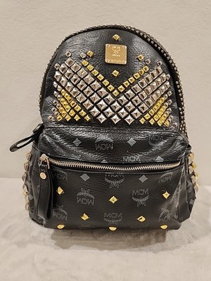 New Authentic MCM Studded Visetos Stark Medium Backpack Black Gold Silver 