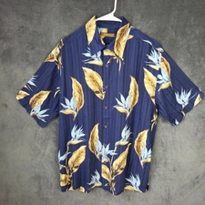 Cubavera Shirt Men L Navy Blue Floral Short Sleeve Button Up Hawaiian Rayon