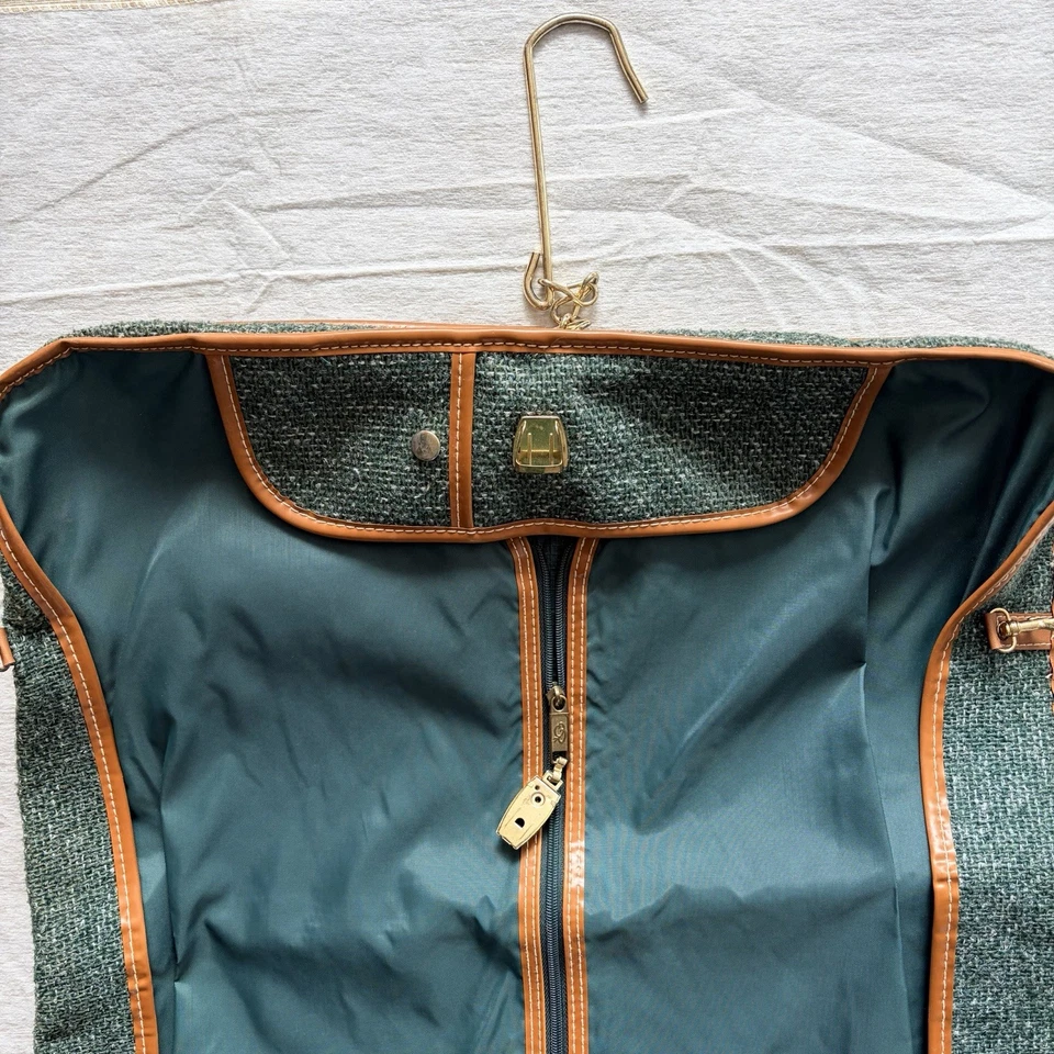 Oscar De La Renta Garment Bag Green Tweed Luggage Travel Suitcase 80s Vintage - Image 4 of 4