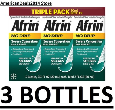3 PACK - AFRIN NO DRIP SEVERE CONGESTION Nasal Pump Mist 20 ml (Total 60 ml)