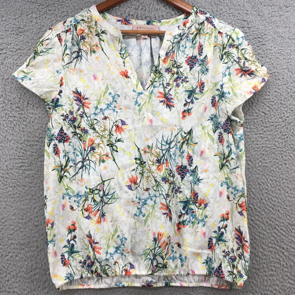 Blusa floral multicolor Philosophy Tops para mujer con caparazón mediano cuello en V manga gorra Foto 2 de 4