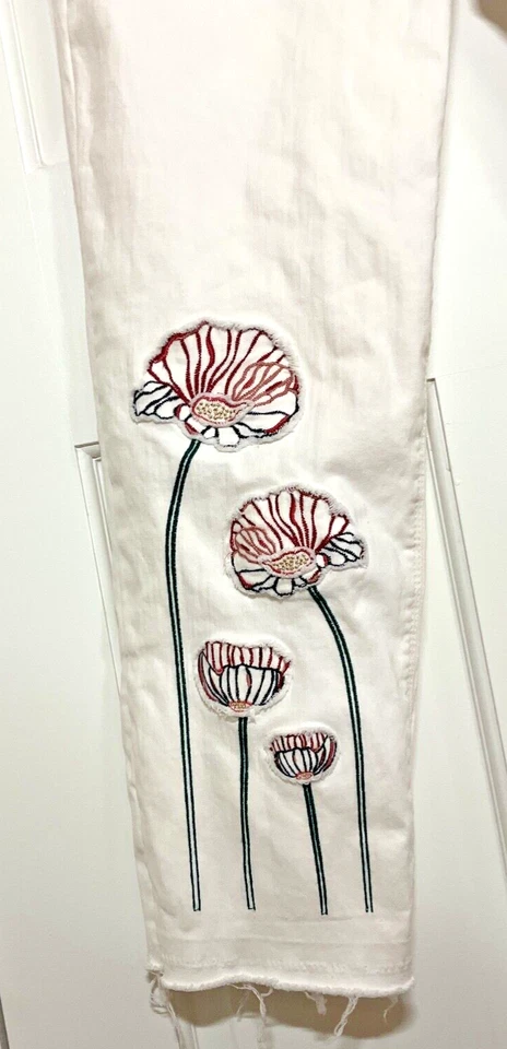 PANTALONES CAPRI VAQUEROS VINTAGE AMERICA MUJER TALLA 16 BLANCO BORDADO FLORES USADOS EN EXCELENTE ESTADO Foto 3 de 4