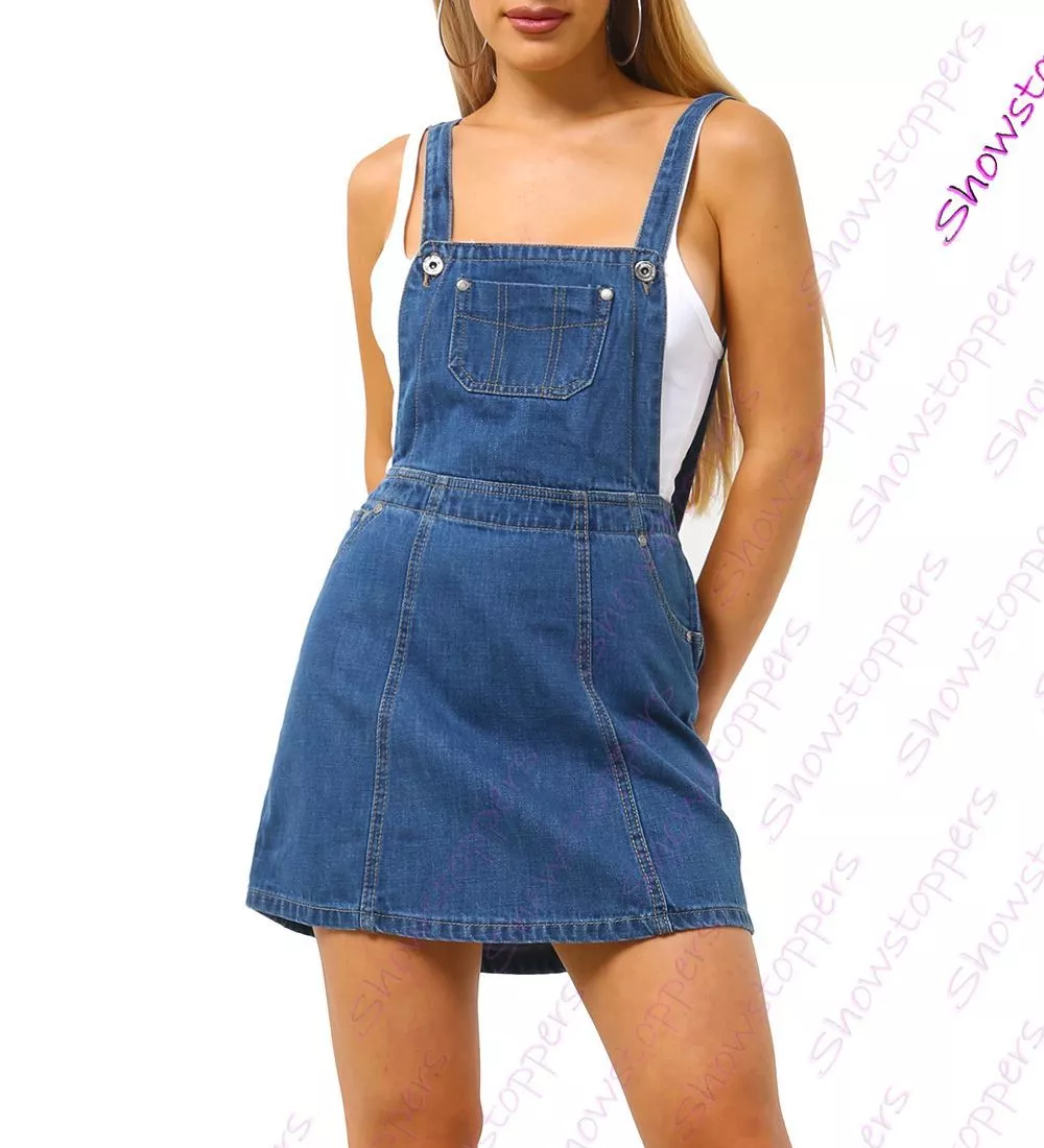 Womens Dungaree Pinafore Dress Denim Skirt Dungarees Size 6 8 10 12 14 Mid  Blue