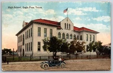 Eagle Pass TX c1910 Vintage Car w/3 Passengers~Mission Architecture High School