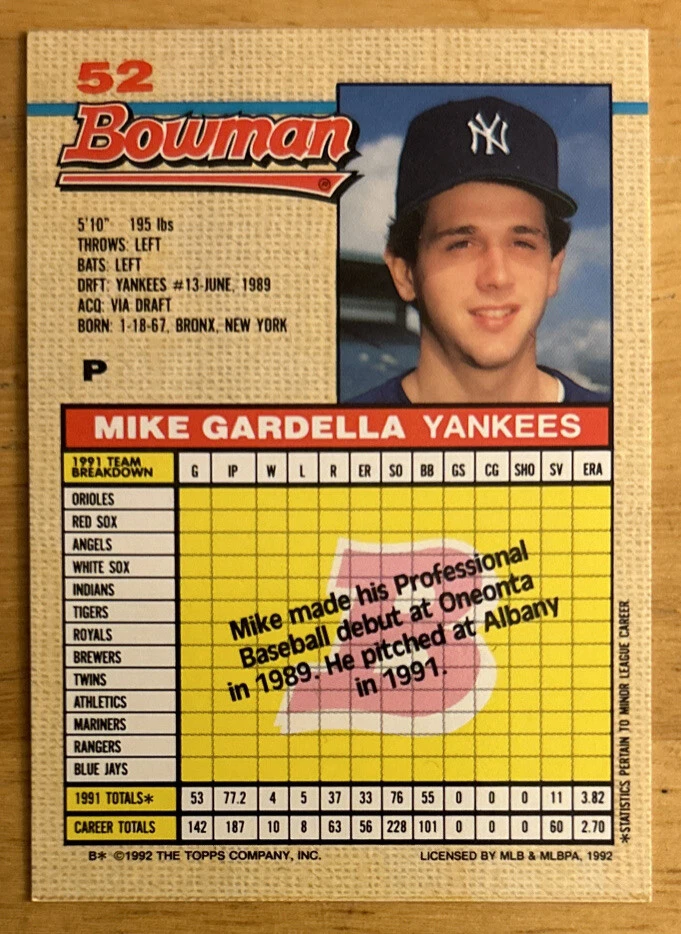 1992 年 Bowman Mike Gardella 新秀卡 RC #52 洋基队投手 O/C & Corner Dings — 第 2/2 张图片