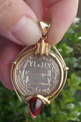 14kt Yellow Gold Mounted Islamic Dirham Silver Coin Pendant w/ Garnet Teardrop