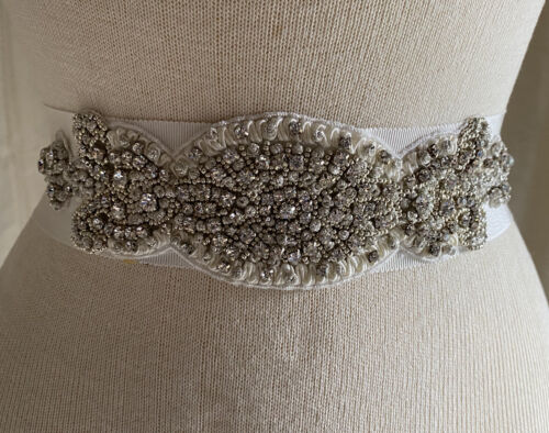 Pronovias Silver Rhinestone, Bead And Embroidered Off White Ribbon Bridal Belt - Afbeelding 1 van 9