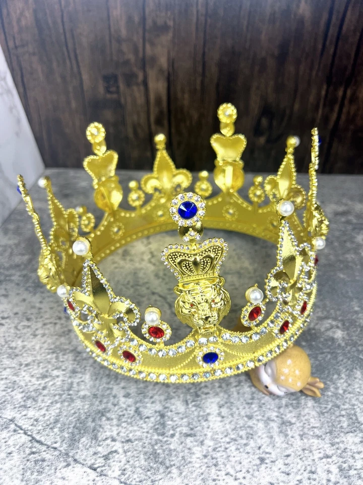 Corona de Oro Rey León, Corona Real Masculina, Tocado Príncipe, Impresionante Tamaño: XXL Foto 3 de 4