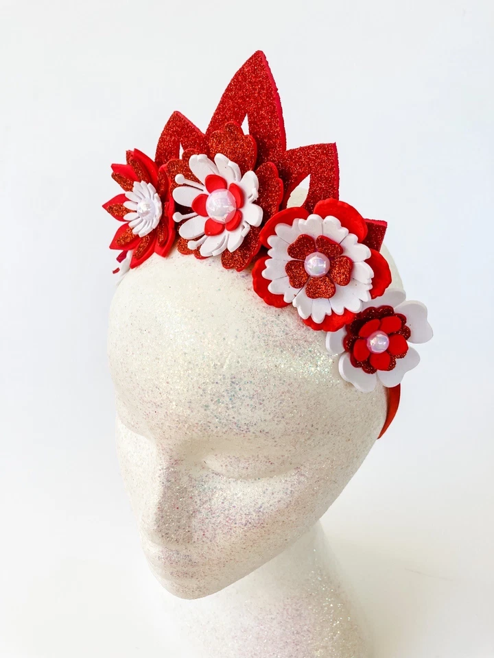 Tocado Tiara Corona Flor Navidad Rojo y Blanco Diadema Niño/Niño/Adulto Foto 4 de 4