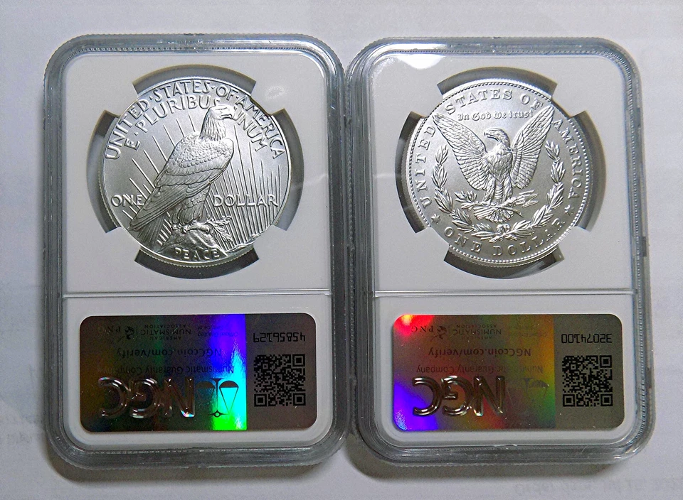 2023 PEACE & MORGAN SILVER DOLLAR NGC MS70 FIRST DAY OF ISSUE 2 COINS in Stock - Image 2 of 2