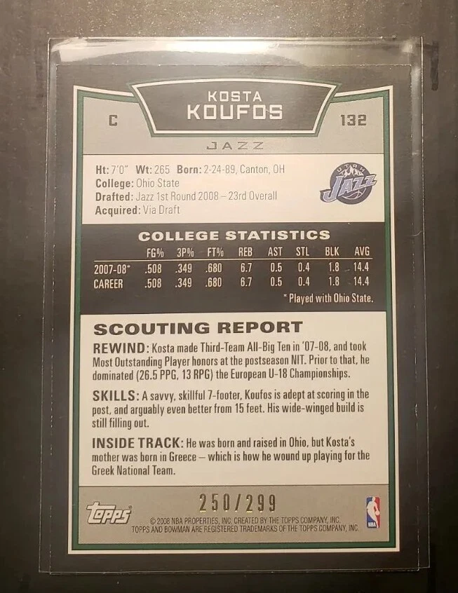 2007-08 Topps Bowman Orange Kosta Koufos RC Serial # /299 - Image 2 of 2