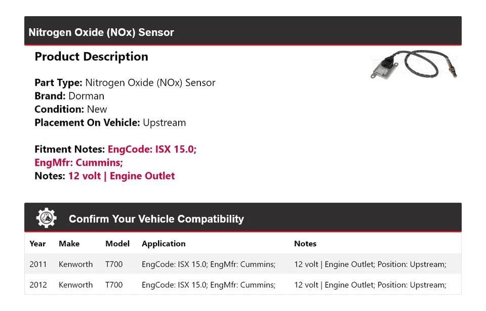 Sensor de óxido de nitrógeno (NOx) aguas arriba para Kenworth T700 Dorman 2011-2012 Foto 2 de 4