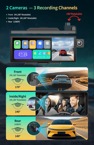 11.3" 4K ADAS Dash Cam Wireless CarPlay & Android Auto 3 Channel Recording Car - Picture 12 of 23