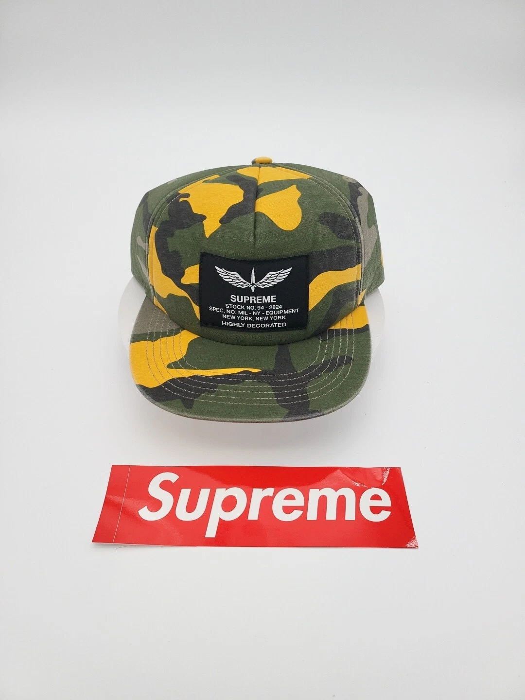 Chapeau Supreme Surplus 5 panneaux jaune camouflage snapback SS24 Supreme New York 2024 neuf