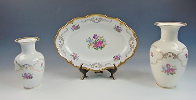 Richenbach China 6157-P  13'' Oval Platter & 2 Flower Vases 9'' & 7''Dresden Floral