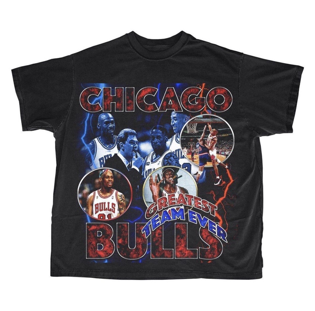 3 Peat 1996 Chicago Bulls Jordan Rodman Pippen Rap Tee Style