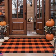 KIMODE 3'x5' Buffalo Plaid Outdoor Rug, Orange & Black – Washable Halloween Mat