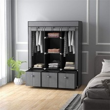 Dark Grey Fabric Wardrobe with 2 Rails, 5 Shelves & 3 Drawers – Steel Frame