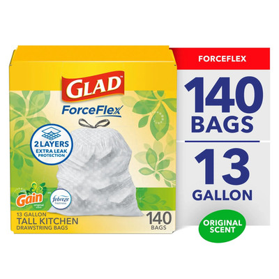 Forceflex Tall Kitchen Drawstring Trash Bags, 13 Gallon, Gain Original with Febr