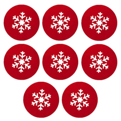 SNOW WHITE Christmas Coasters 8 Piece Felt Set Red with Snowflake Design