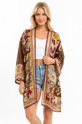 Vtg Sheer Kimono Cardigan Perfume Print Boho Chic Open Front Duster Topper Glam