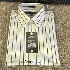 Perry Ellis Portfolio Wrinkle-Free Cotton White/Blue Striped Shirt 15.5 34/35